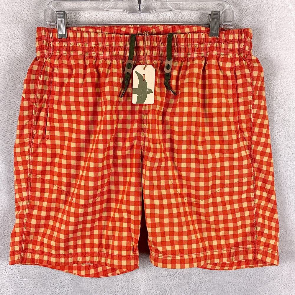 Relwen Shorts Mens M Orange Gingham Windshort Drawstring Lined Beach Summer